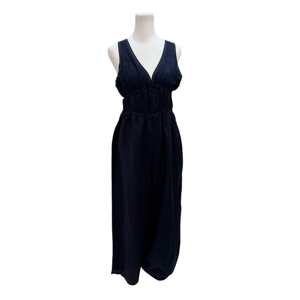 Sancia The Oda V Neck Elegant Navy Blue Smocked Linen Tencel Jumpsuit NWTA - Picture 2 of 9